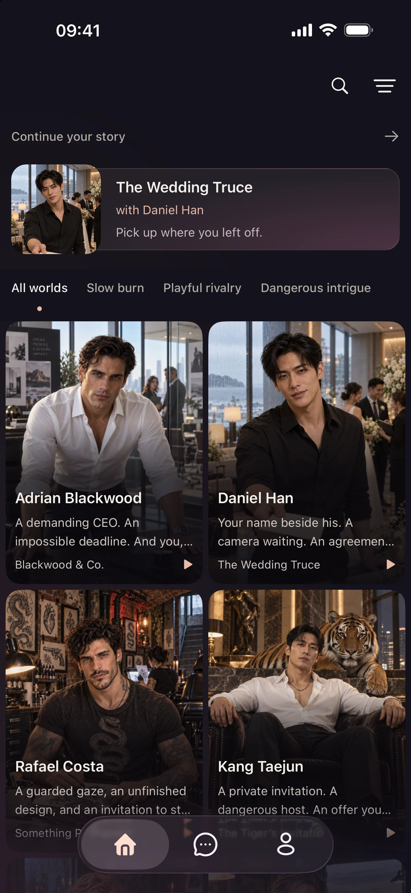 Be My Story Find Your Story screen with The Wedding Truce and story cards for Adrian Blackwood, Daniel Han, Rafael Costa, and Kang Taejun.