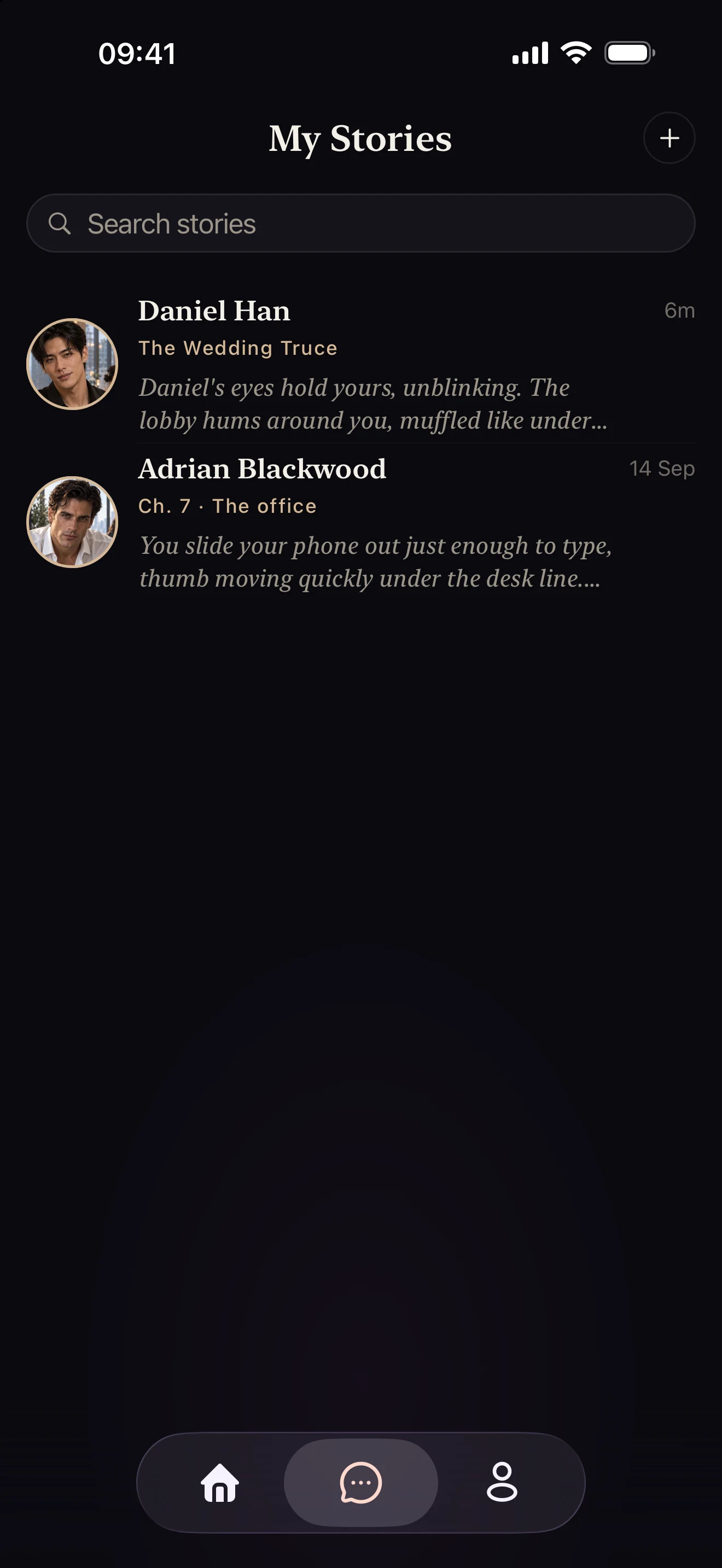 Be My Story My Stories screen listing saved conversations with Daniel Han and Adrian Blackwood.